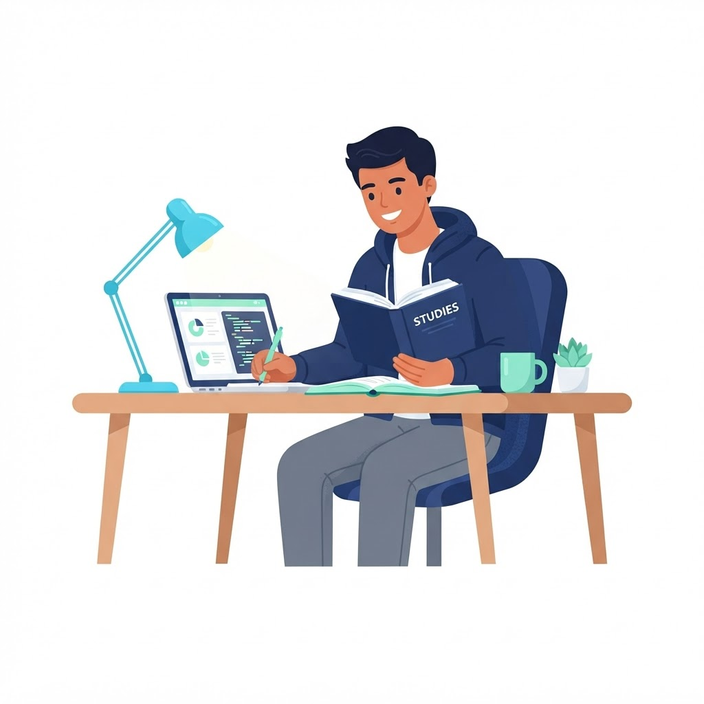 A student studying with a laptop and an open book